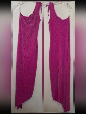 Y2k My Michelle Pink Glitter Knit Cowl Neck Asym Sheath Long Dress Sleeveless S